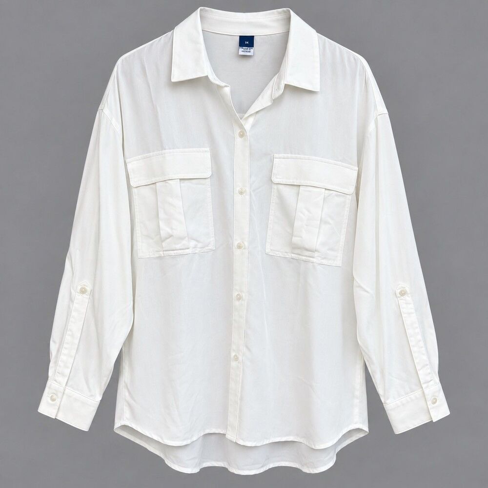 Old Navy Women 2X Off White Button Down Utility Shirt Rayon Poplin Blouse NWT